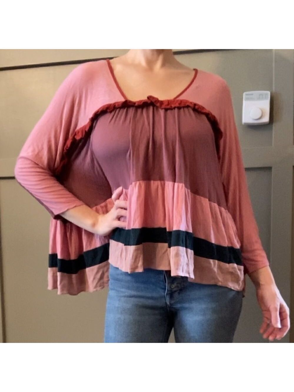 ANTHROPOLOGIE Meadow Rue Colorblock Boho Ruffle Swing Top Size Small - Picture 4 of 13